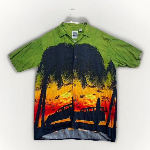 Vintage Ocean Current Hawaiian Shirt Sun set Beach Scene Surf Palm tree Sz M - Picture 1 of 16
